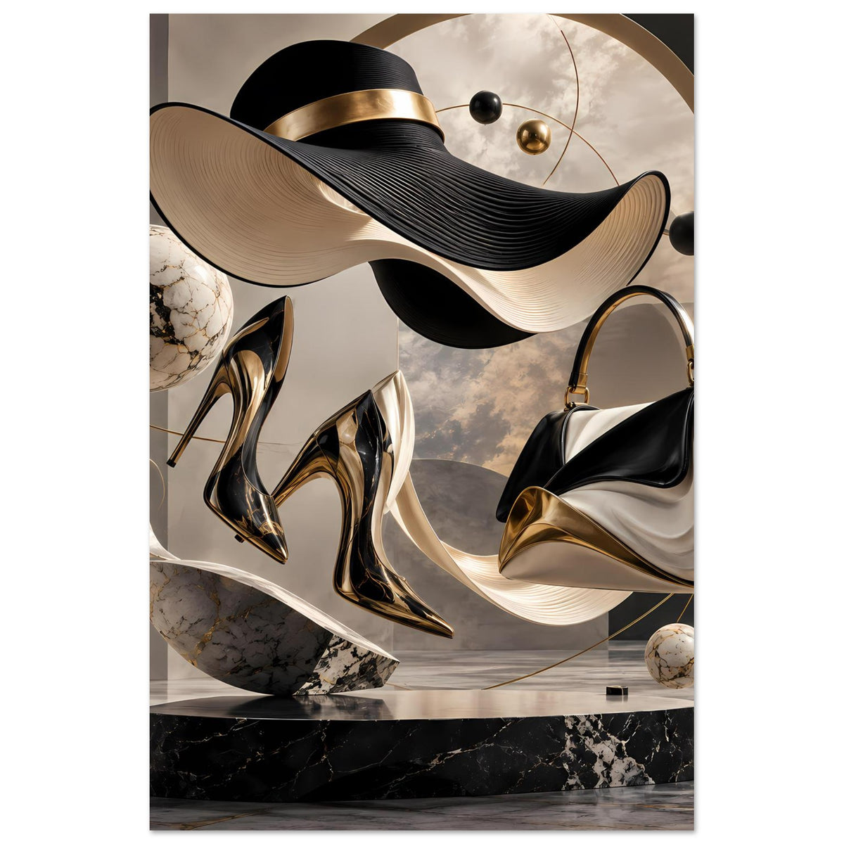 Abstraktes Modekunst-Poster, vertikal: schwarze und goldene High Heels, Handtasche, Kugeln