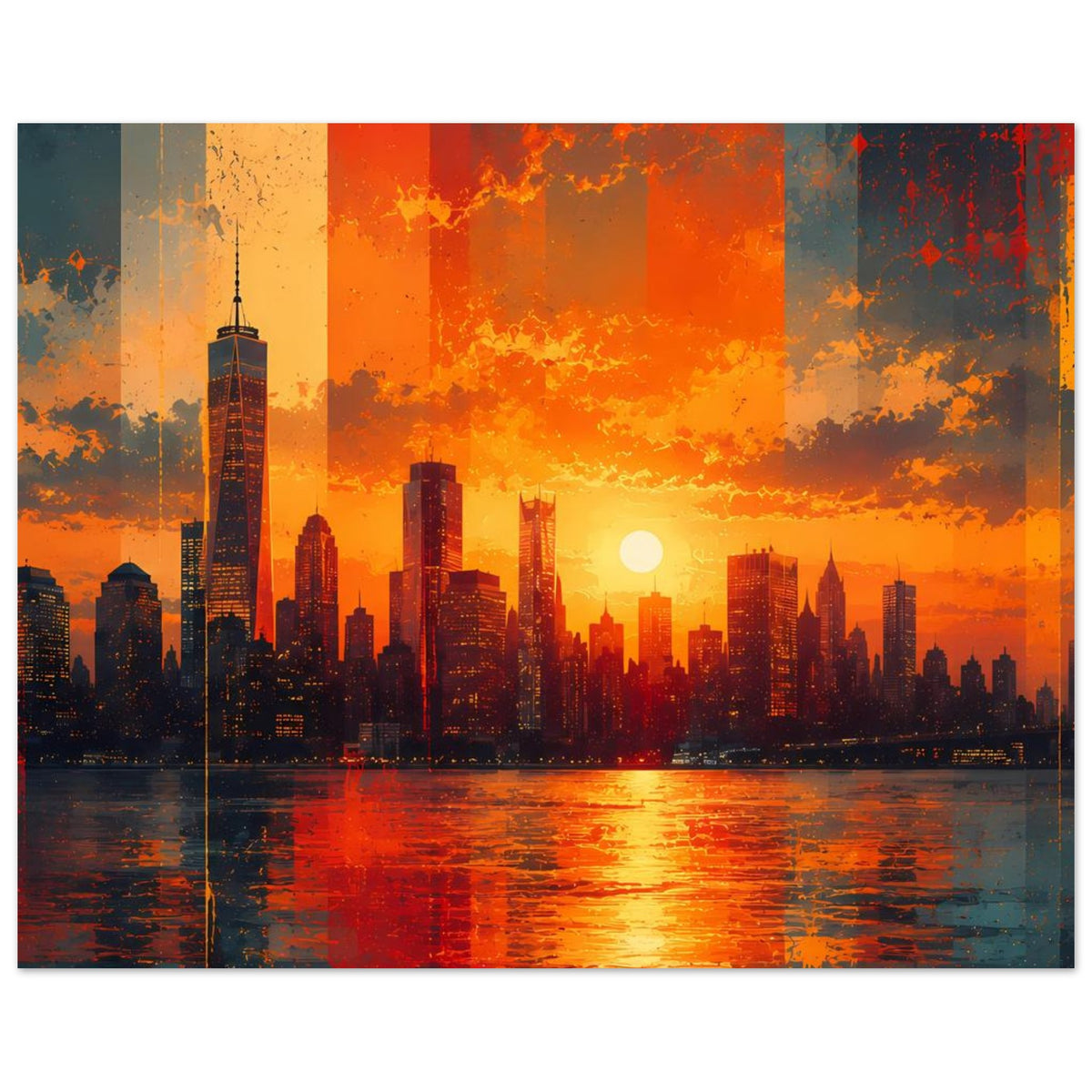 Breites Sonnenuntergangs-Poster mit Stadt-Silhouette, Fluss und leuchtender Sonne.