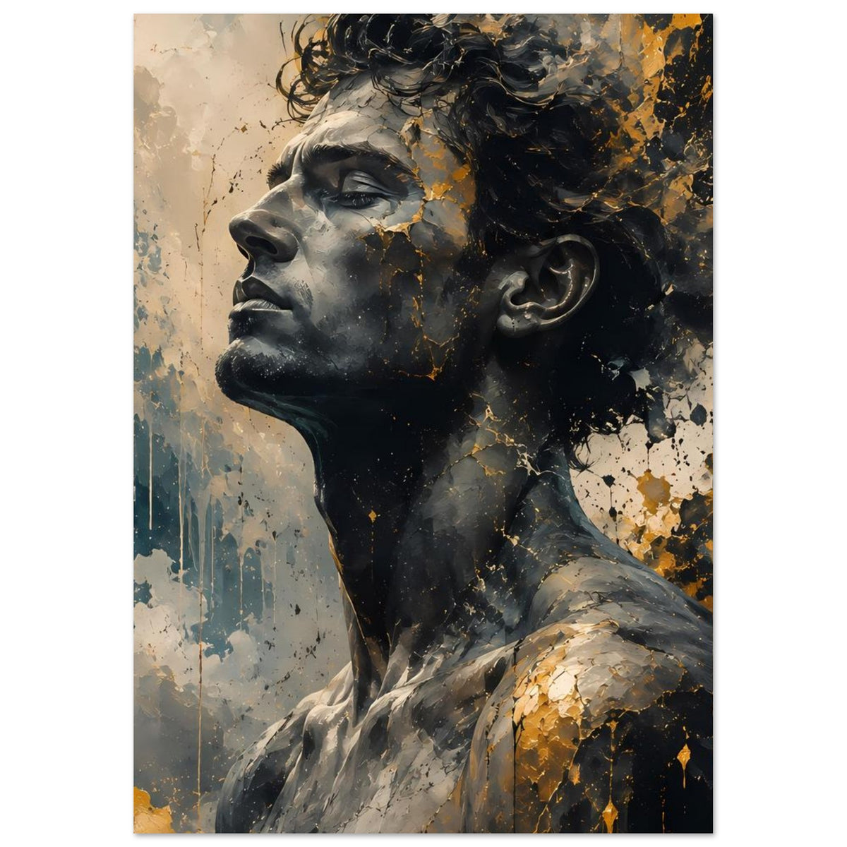 Poster mit Männerporträt im Seitenprofil, schwarze Flächen, goldene Risse, Petrol-Details, ganzansicht