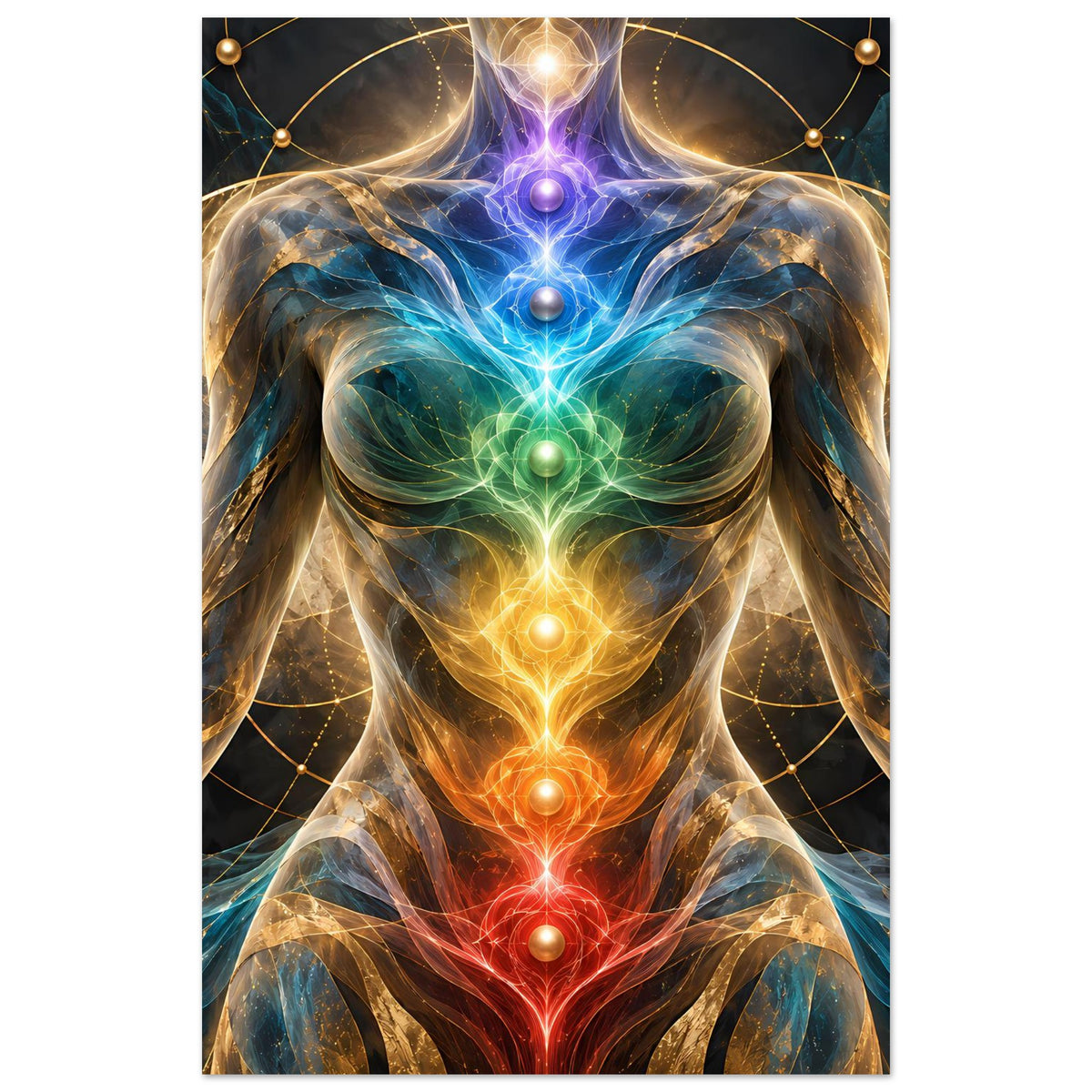 Energieposter im Hochformat: leuchtende Chakra-Symbole entlang einer menschlichen Silhouette