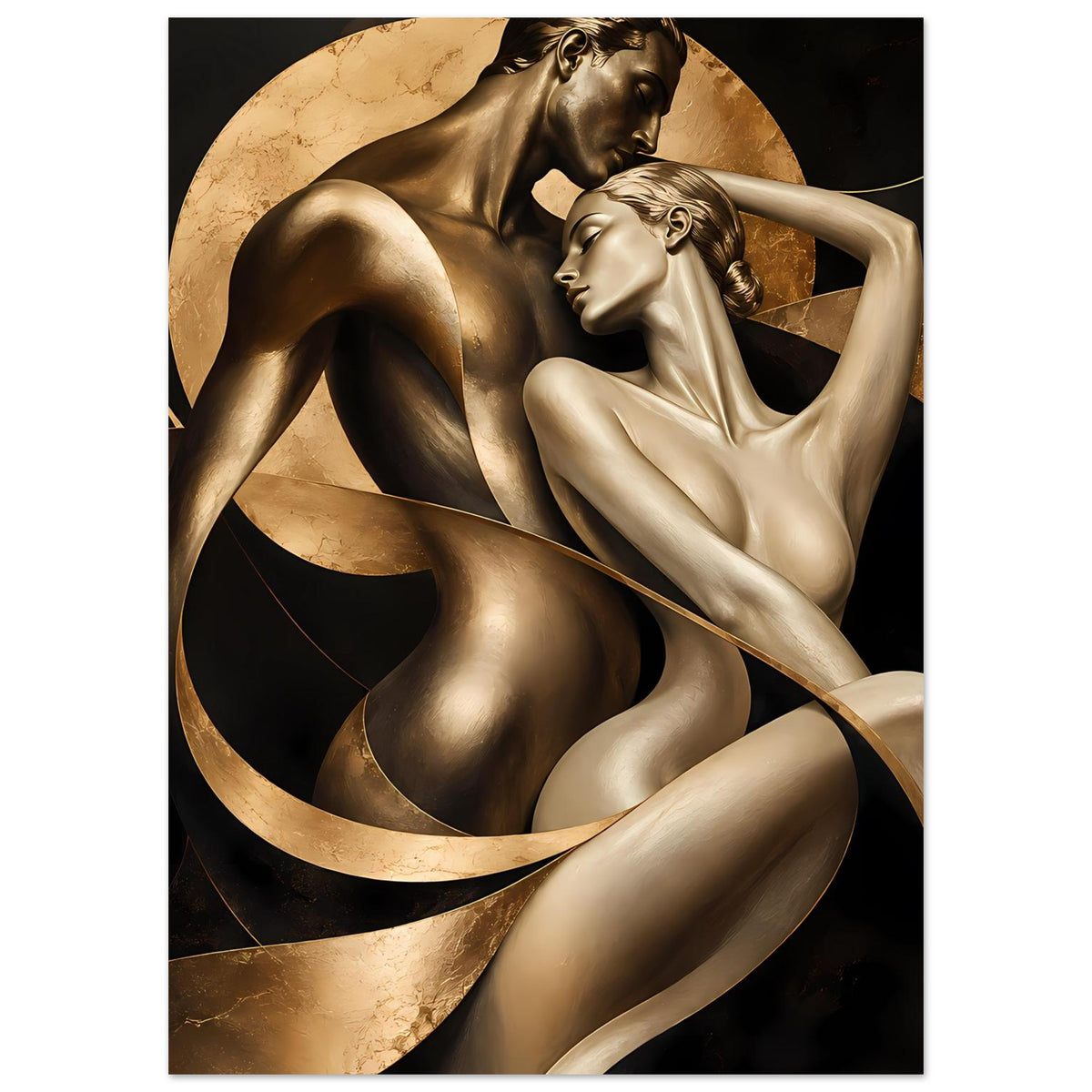 Kunstposter mit goldfarbenen Körperfiguren und bronzenen Rundformen im Hintergrund