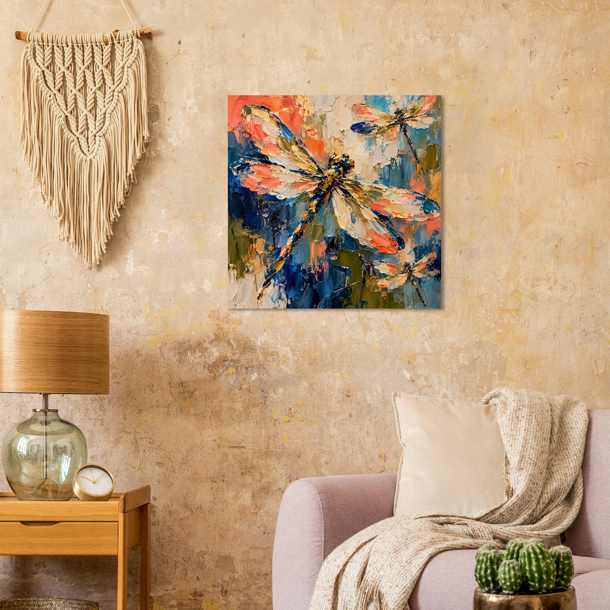 Quadratischer Kunstdruck: abstrakte Libelle mit bunten Pinselstrichen in Blau und Orange