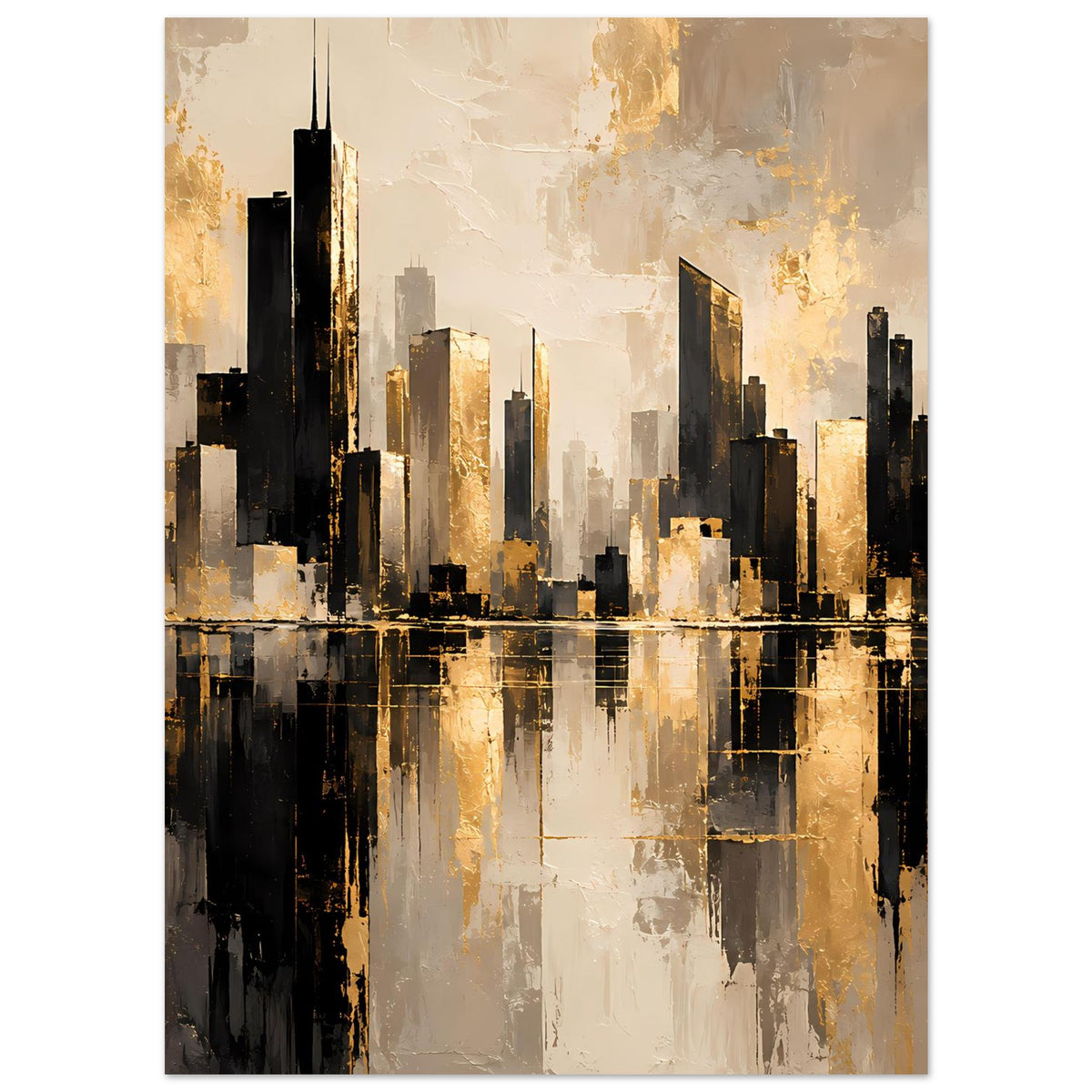 Stadtlandschafts-Poster mit gold-beige Hintergrund und dunkler Skyline samt Spiegelung im Wasser