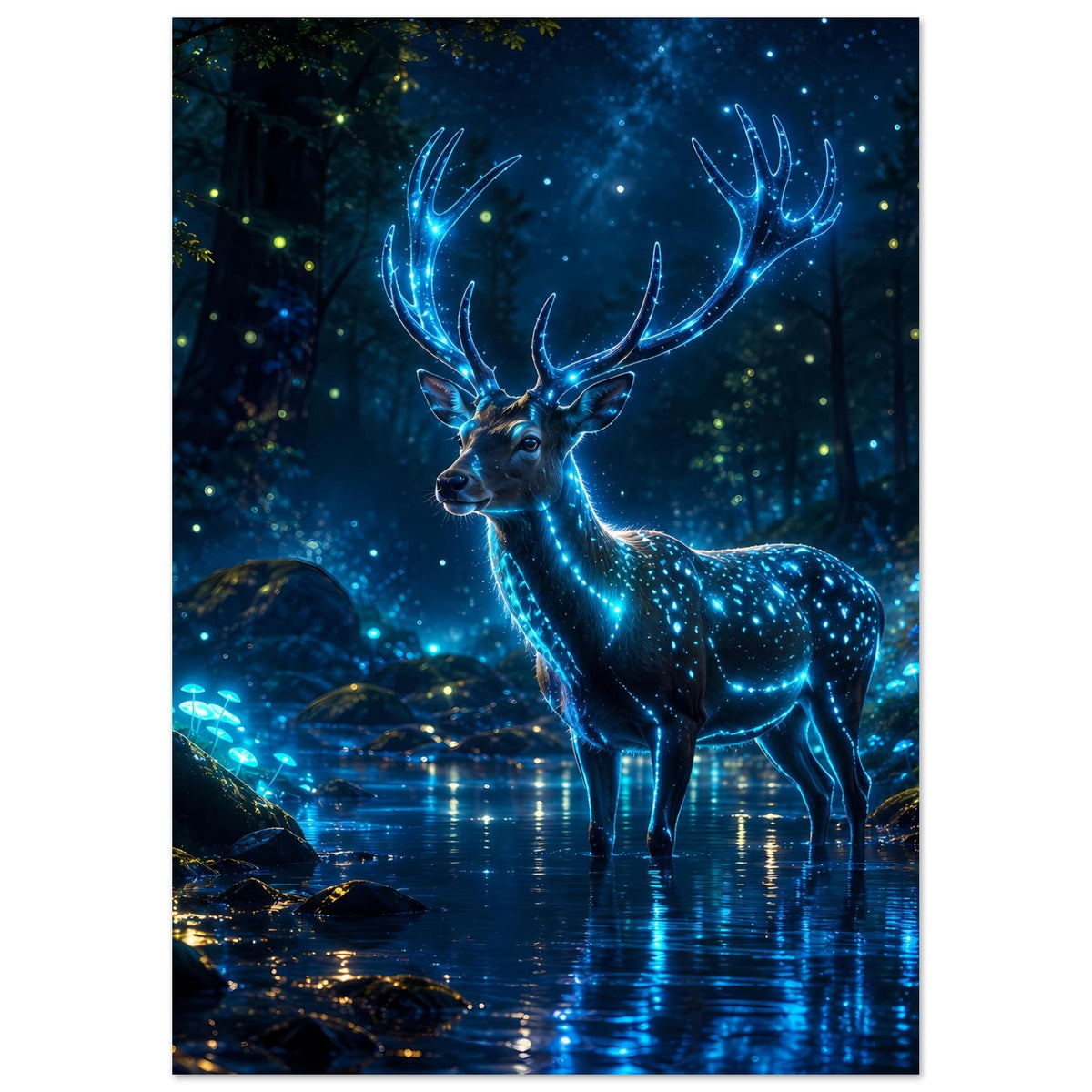 Poster mit leuchtendem Hirsch, blauer Glanzsprenkelung und Geweih über Wasser
