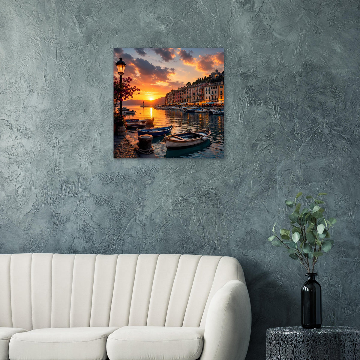 Quadratisches Poster mit Sonnenuntergangshafen, Booten auf ruhigem Wasser