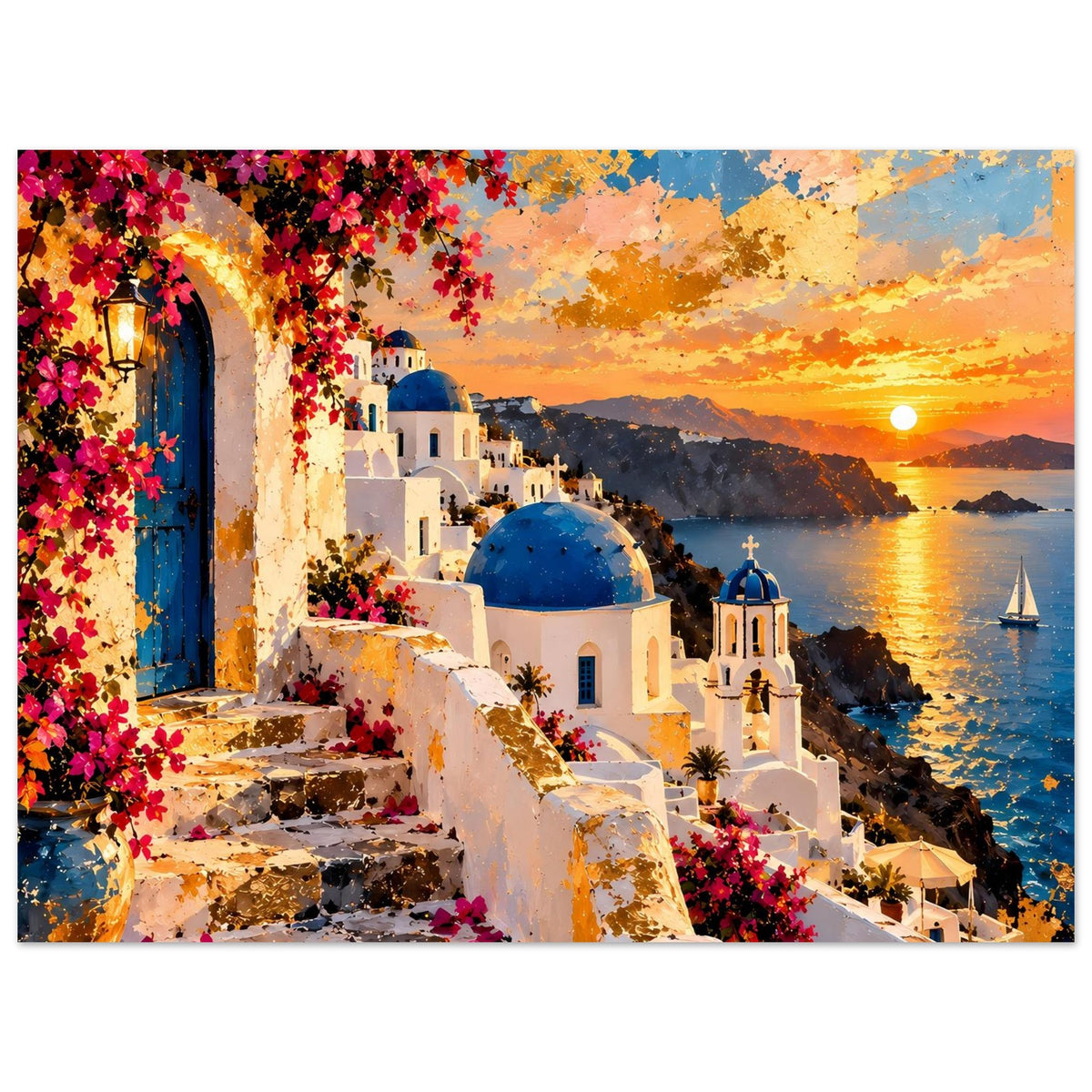 Querformat-Poster mit Santorini-Ansicht: weiße Häuser, blaue Kuppel, Meer im Sonnenuntergang