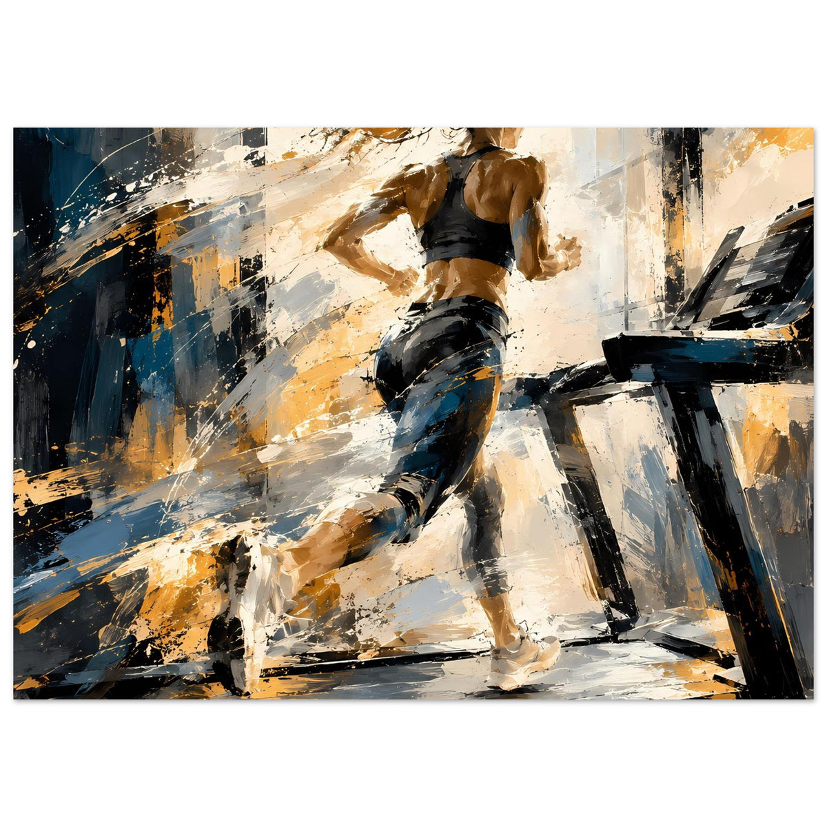 Horizontales Lauf-Poster: abstrakte Läuferin im Standlauf, Schwarz-Blau-Gold, kräftige Akzente