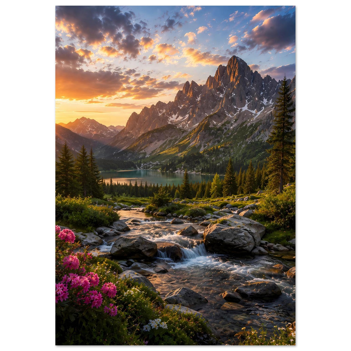 Hochformat-Poster mit Berggipfeln, See und Bach bei Sonnenaufgang, Tannen und Blumen