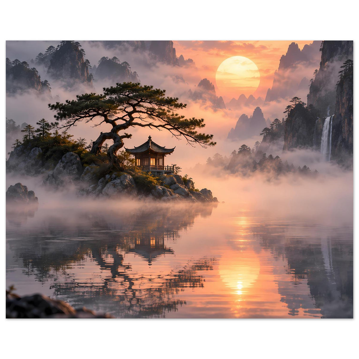 Poster: Sonnenuntergang über nebligen Bergen mit See und Pagode, Baum im Vordergrund