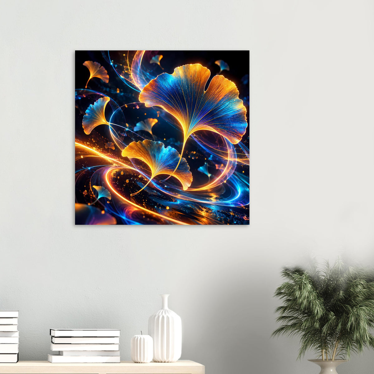 Quadratisches Poster mit leuchtenden Ginkgo-Blättern, Blau und Gold, goldene Lichtlinien