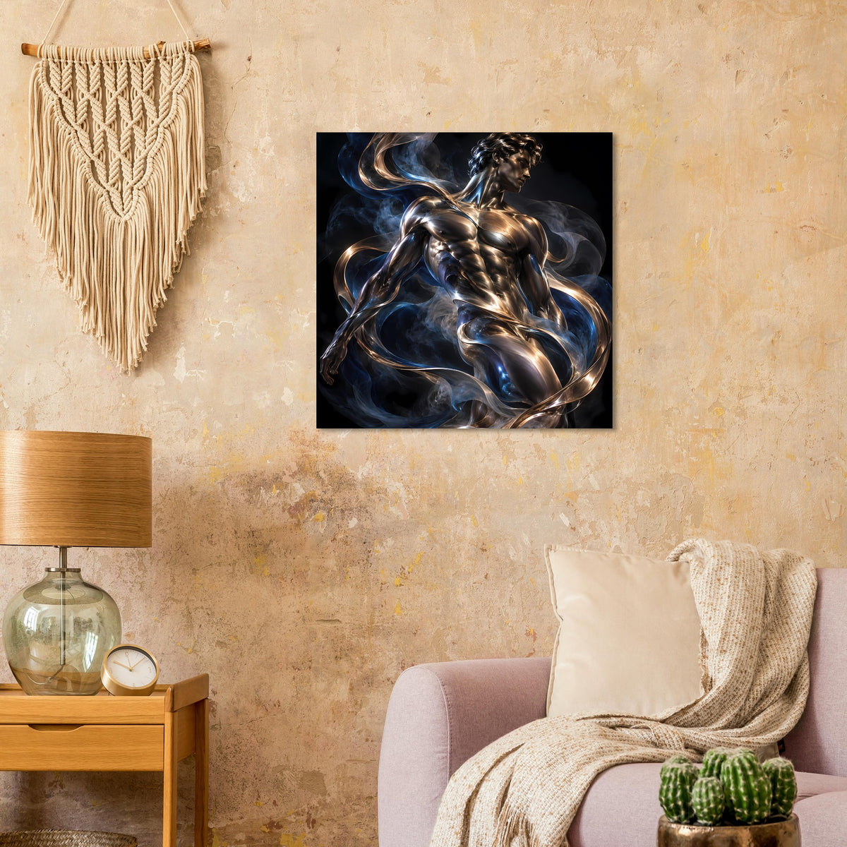 Quadratisches gerahmtes Poster mit gold-silberner abstrakter Skulptur und blauem Rauch