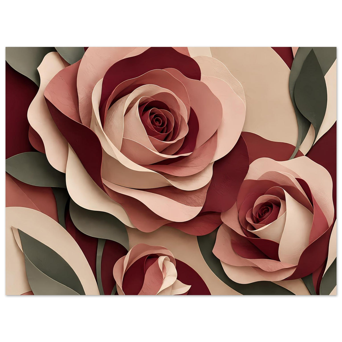 Florales Kunstposter mit Rosen in Burgunder, Rosé und Grün im Querformat