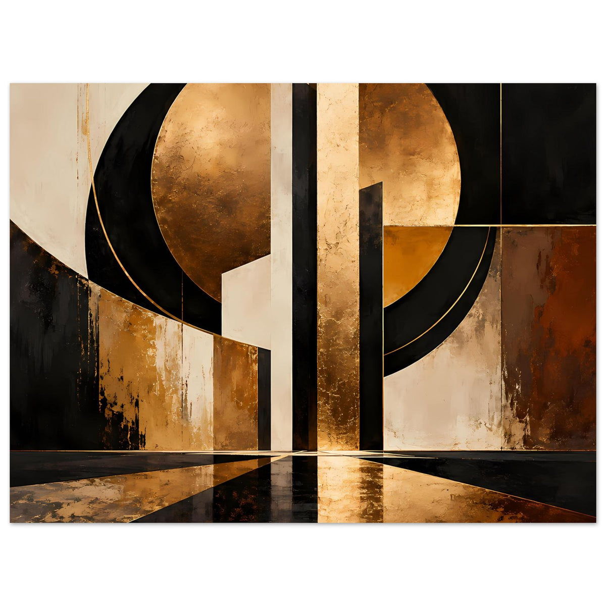Abstraktes Gold-Schwarz-Artposter mit großem Kreis, diagonalen Akzenten und dunklem Bogen