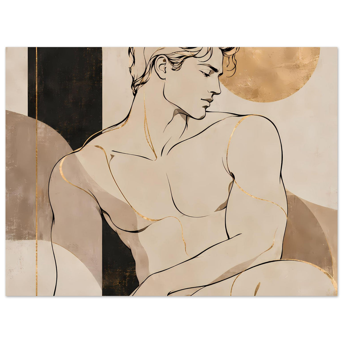 Kunstposter: Aktfigur mit goldfarbenen Linien, beigen und dunklen Flächen