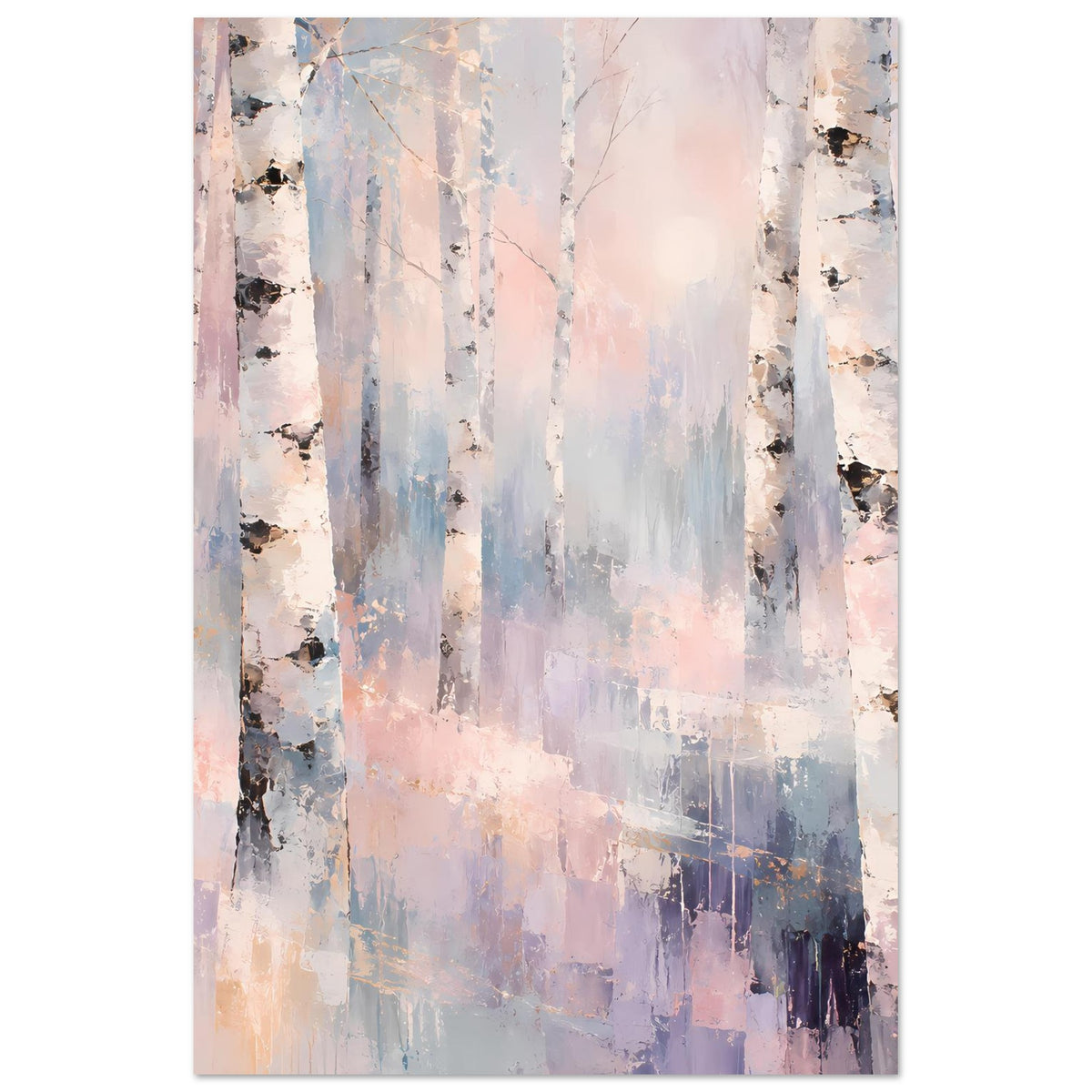 Naturposter Birkenwald in Pastell, Hochformat, abstrahierte Baumstämme mit dunklen Akzenten