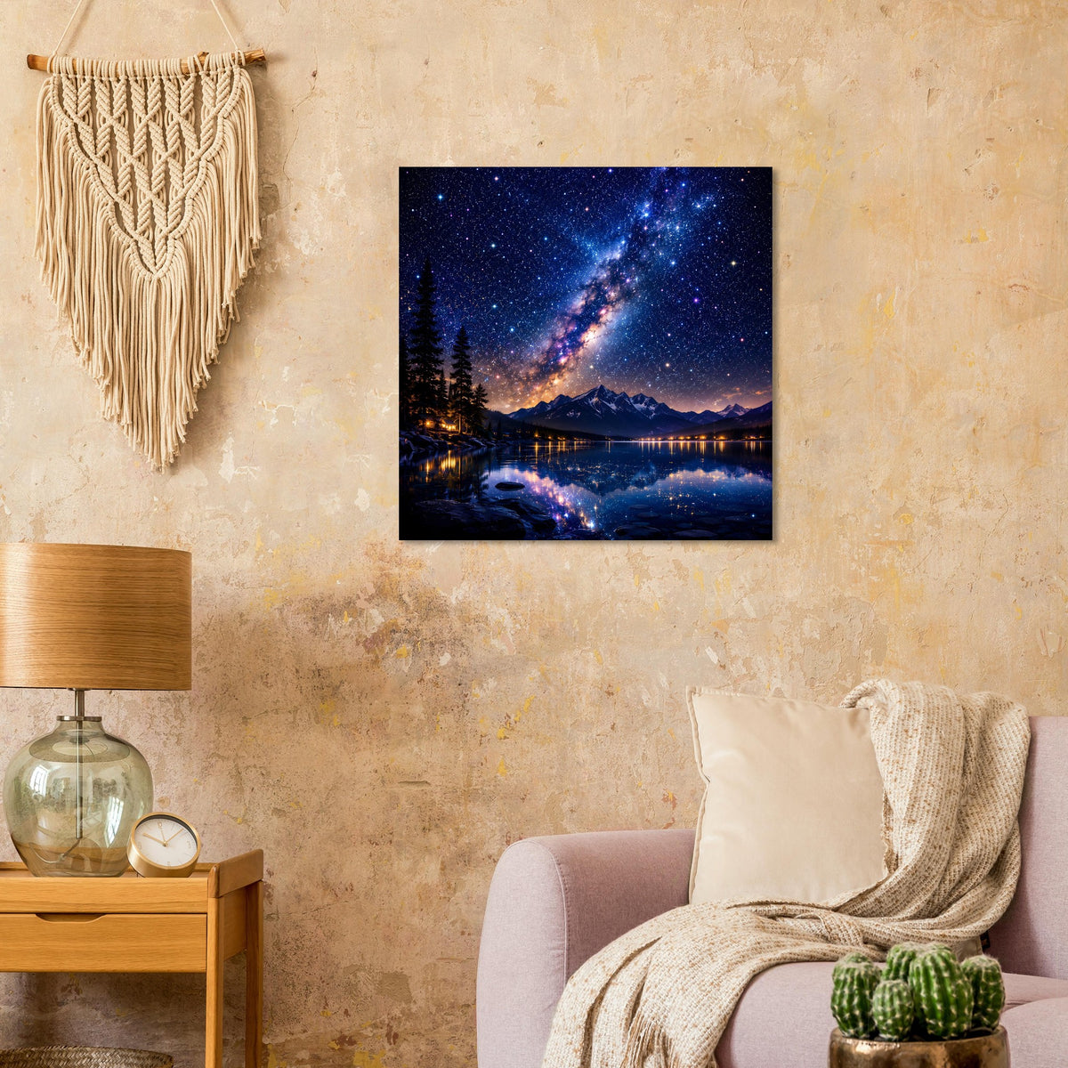 Sternenhimmel-Poster mit Milchstraße, Berglandschaft und See-Reflexion im schwarzen Rahmen