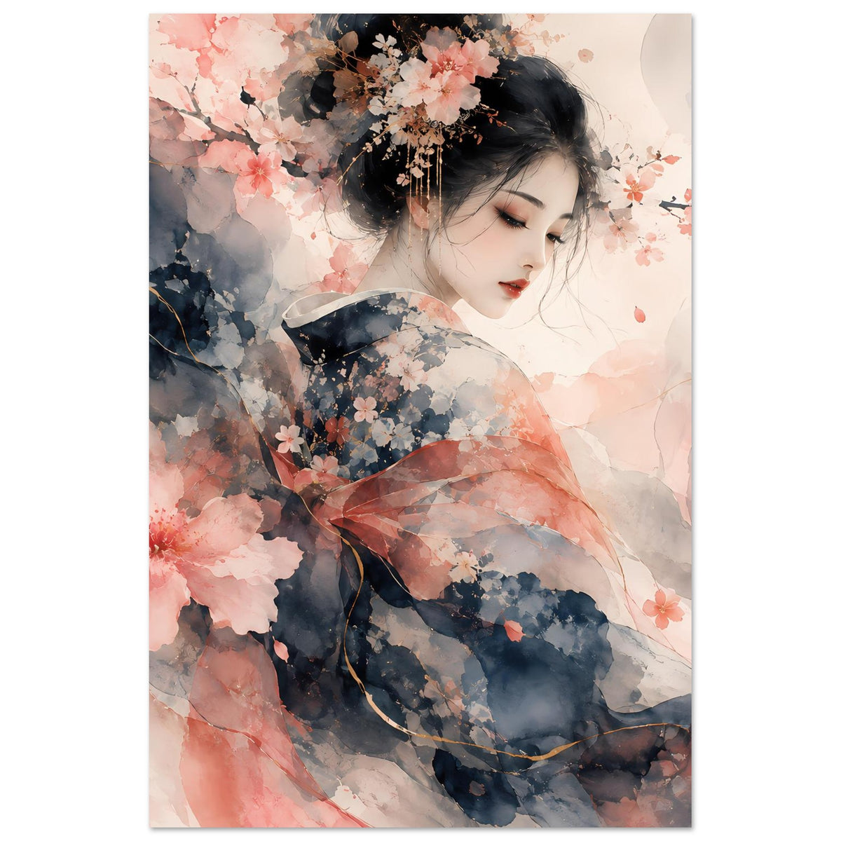 Hochformat-Poster mit Aquarellmotiv: Frauengesicht, Kirschblüten in Rosa und Blau