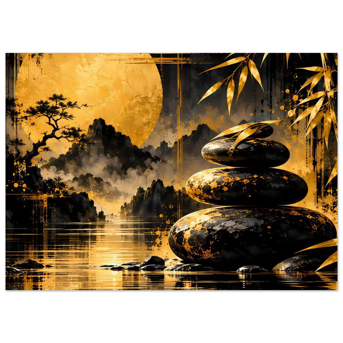Poster im Querformat mit goldschimmernder Mondscheibe, Stapel dunkler Zen-Steine und Bambus