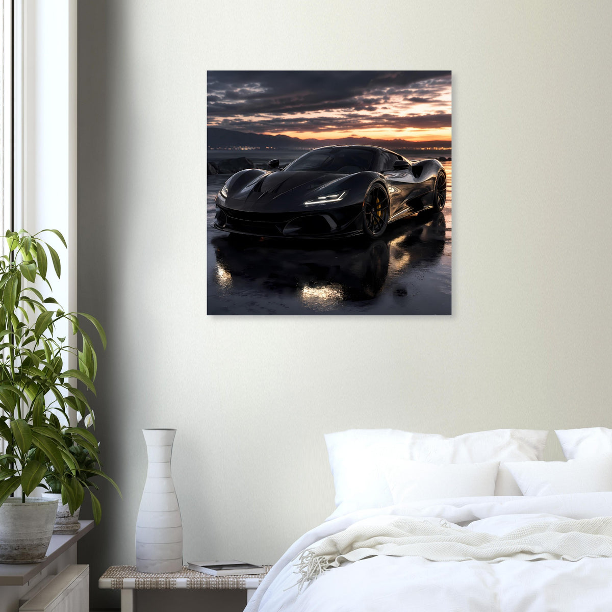 Poster mit schwarzem Sportwagen von vorn, goldener Sonnenuntergang am Horizont