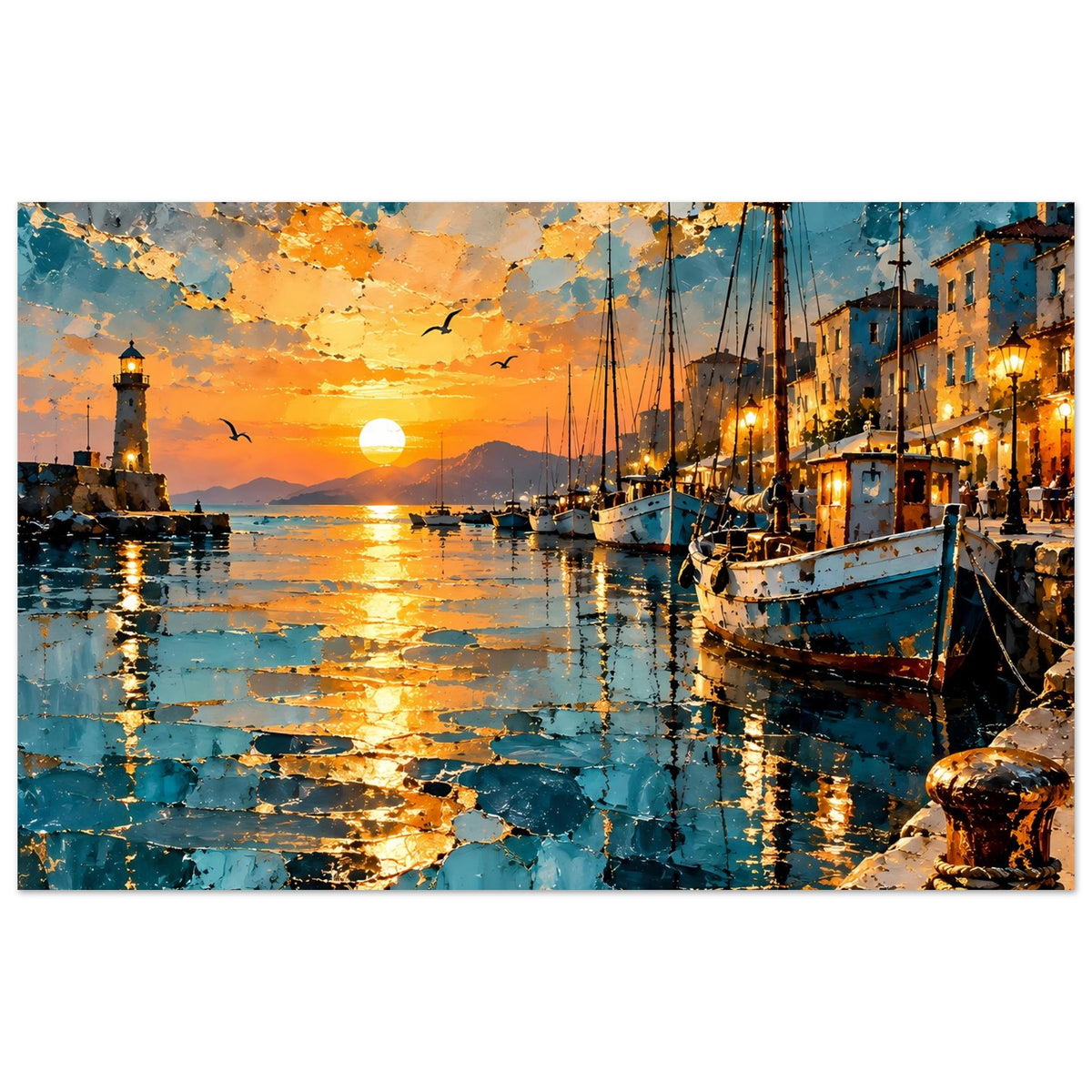 Kunstdruck Hafen im Panoramaformat: Boote im Wasser, goldene Spiegelungen, orangefarbener Himmel