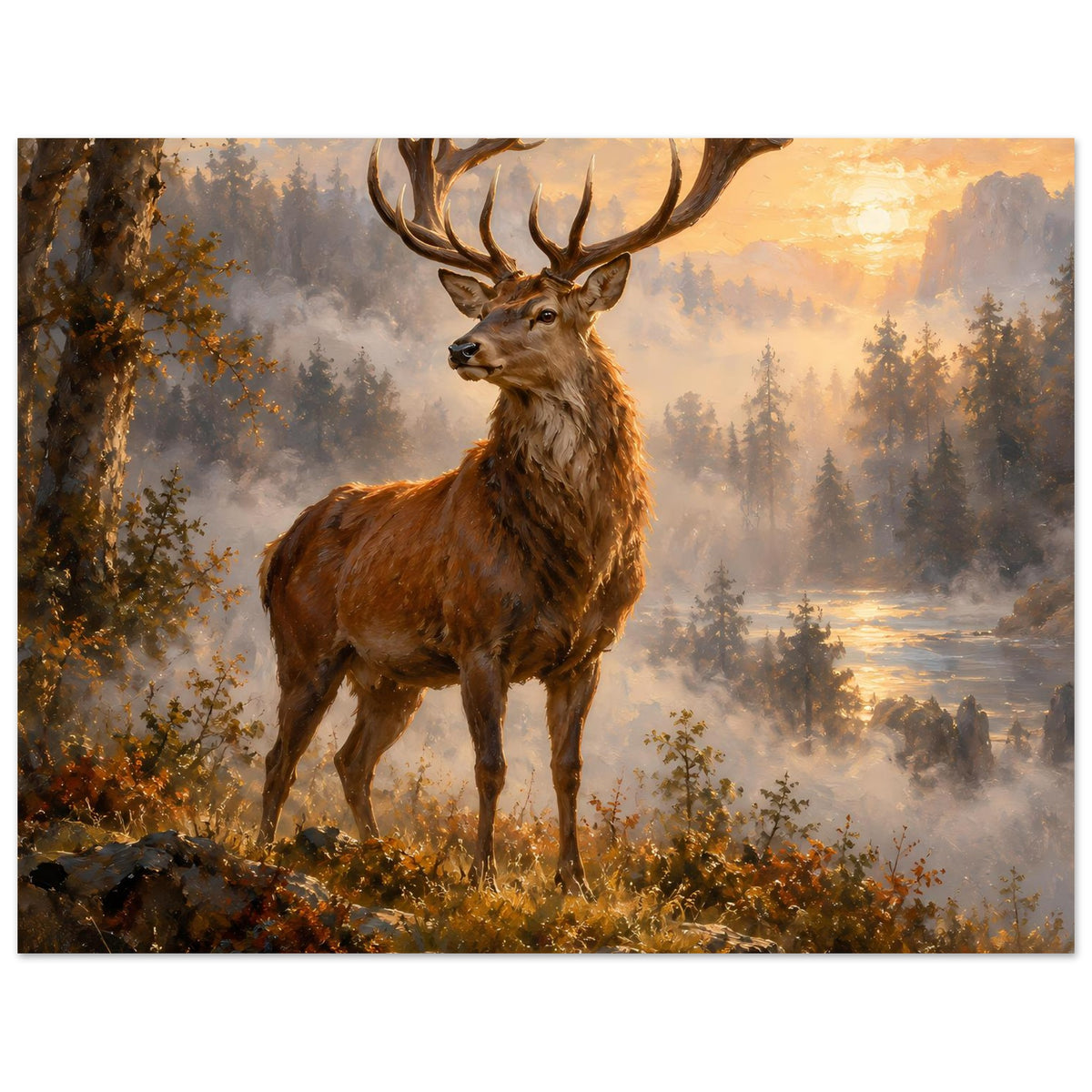 Poster: brauner Hirsch mit Geweih im Sonnenaufgang-Waldnebel, Querformat