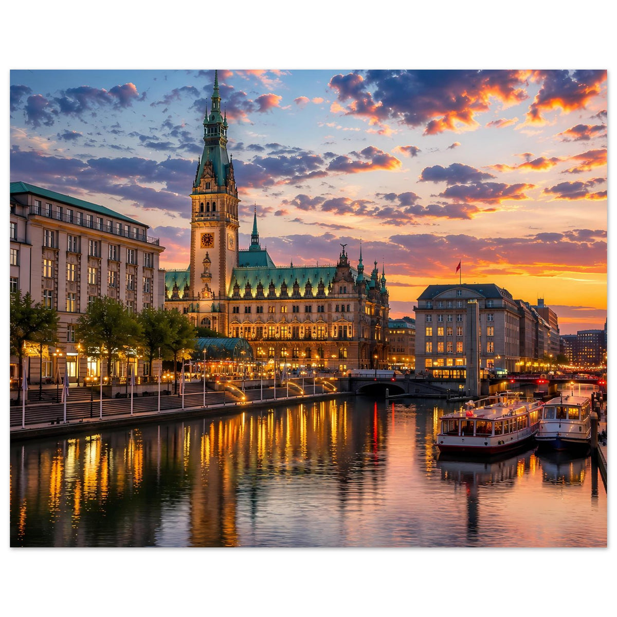 Poster im Querformat: Beleuchtete Gebäude am Fluss, grün gedecktes Dach und Sonnenuntergangswolken.