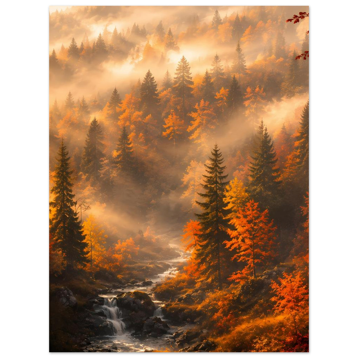 Herbst-Waldlandschafts-Poster mit Wasserlauf, Nebel und leuchtend orangefarbenen Baumkronen