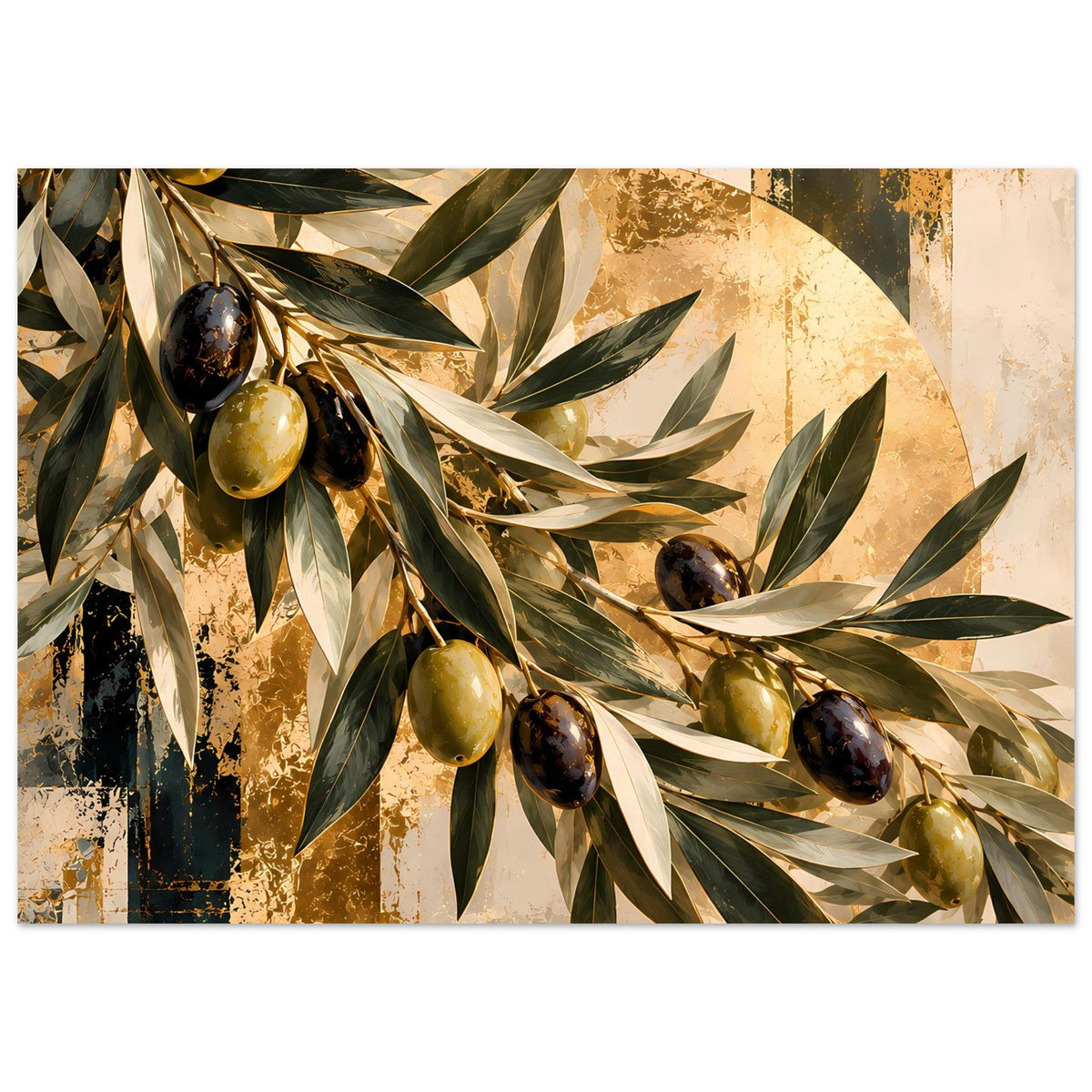 Botanisches Kunstposter mit Olivenzweigen, Oliven in Gold, Grün und dunklem Braun, breite Ansicht
