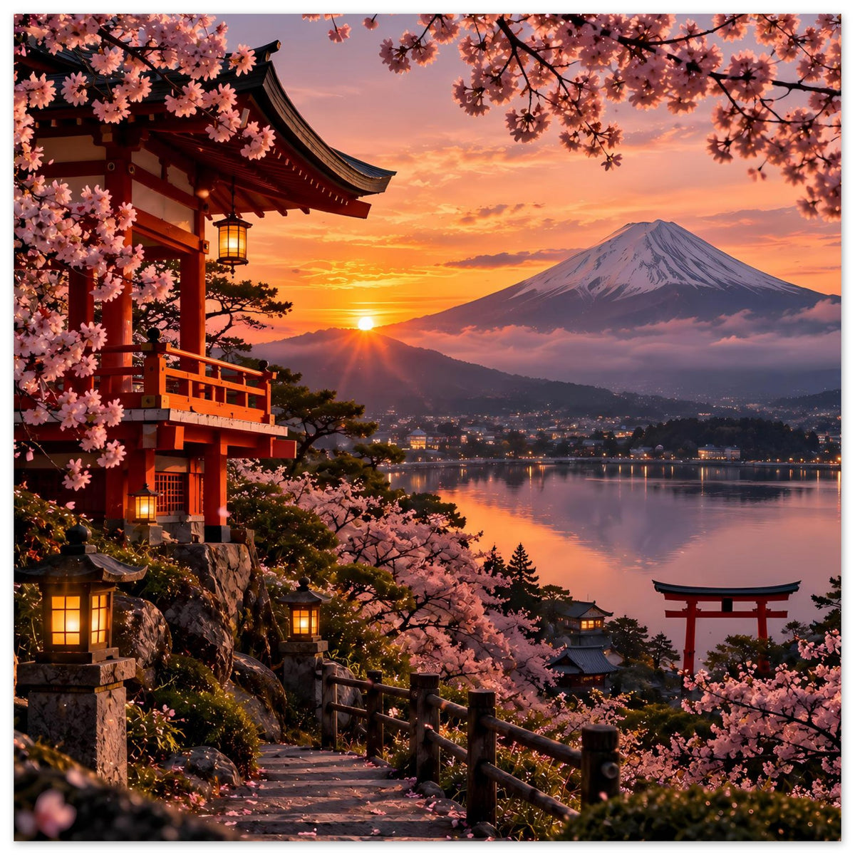 Premium-Poster mit Kirschblüten über Geländer, Torii am See und Fuji bei warmem Sonnenuntergang