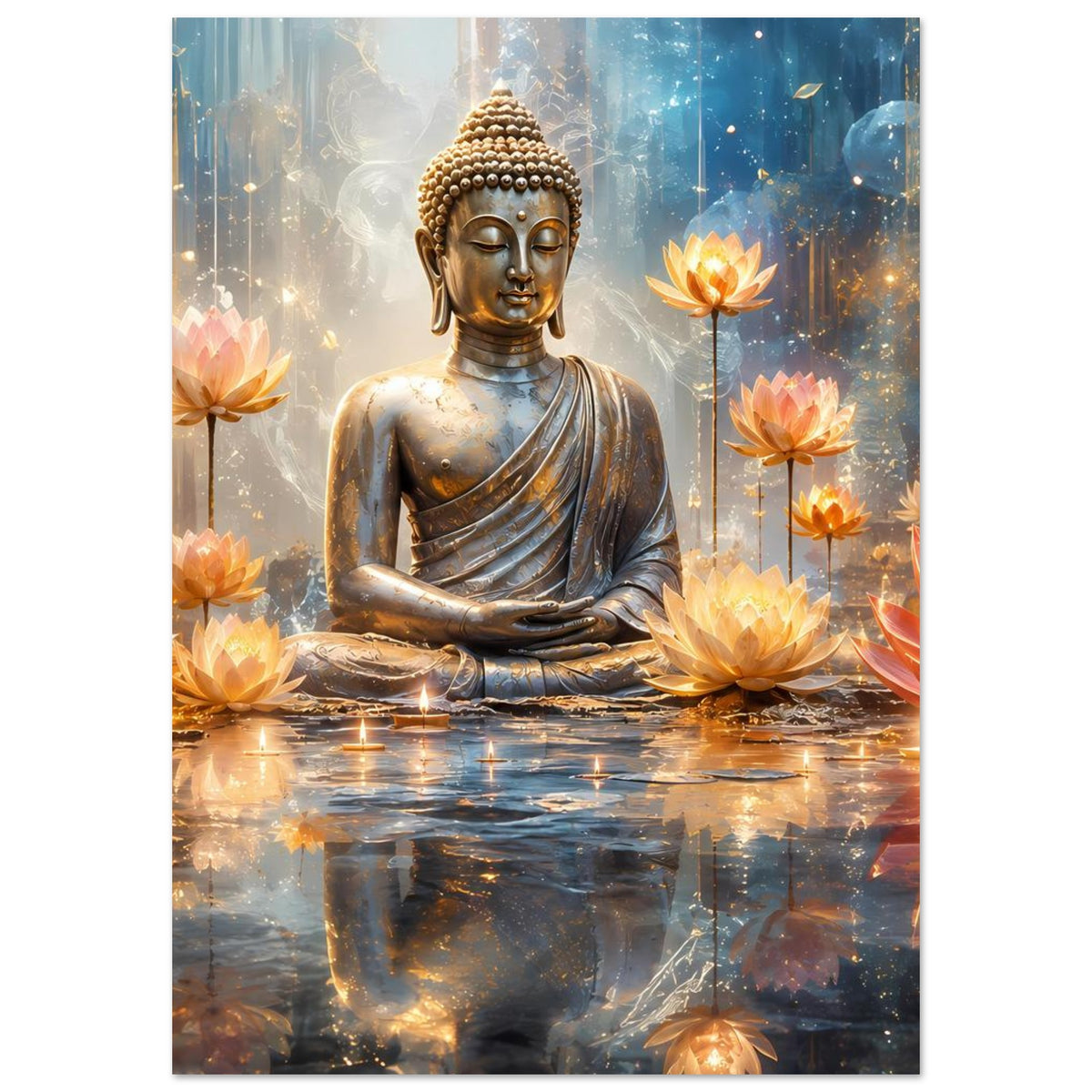 Vertikales Poster mit Buddha im Meditationssitz und leuchtenden Lotusblumen am Wasser