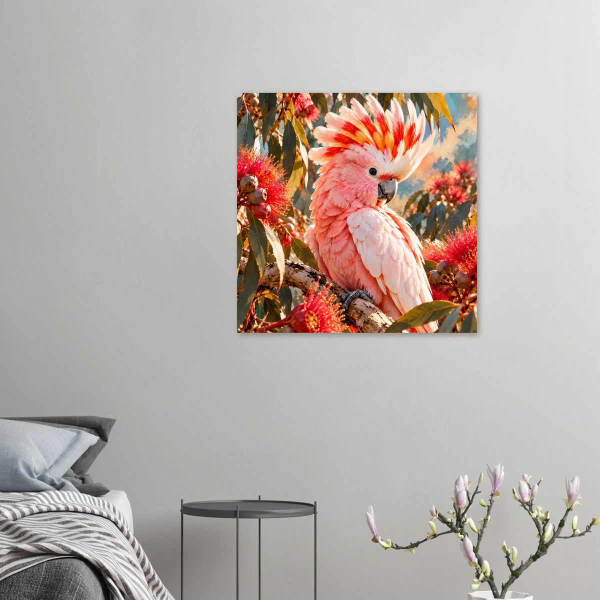 Kleines Poster im Querformat: rosafarbener Kakadu mit orange-rotem Federkranz auf Ast.