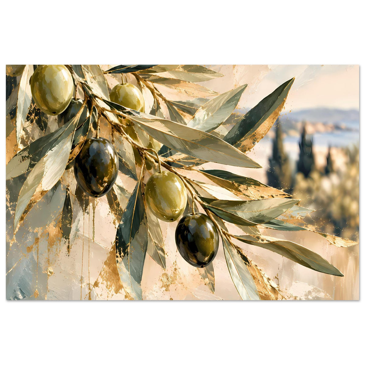 Kunstposter mit Olivenzweigen und Oliven, horizontal, elegante Zweige mit goldenen Spritzern