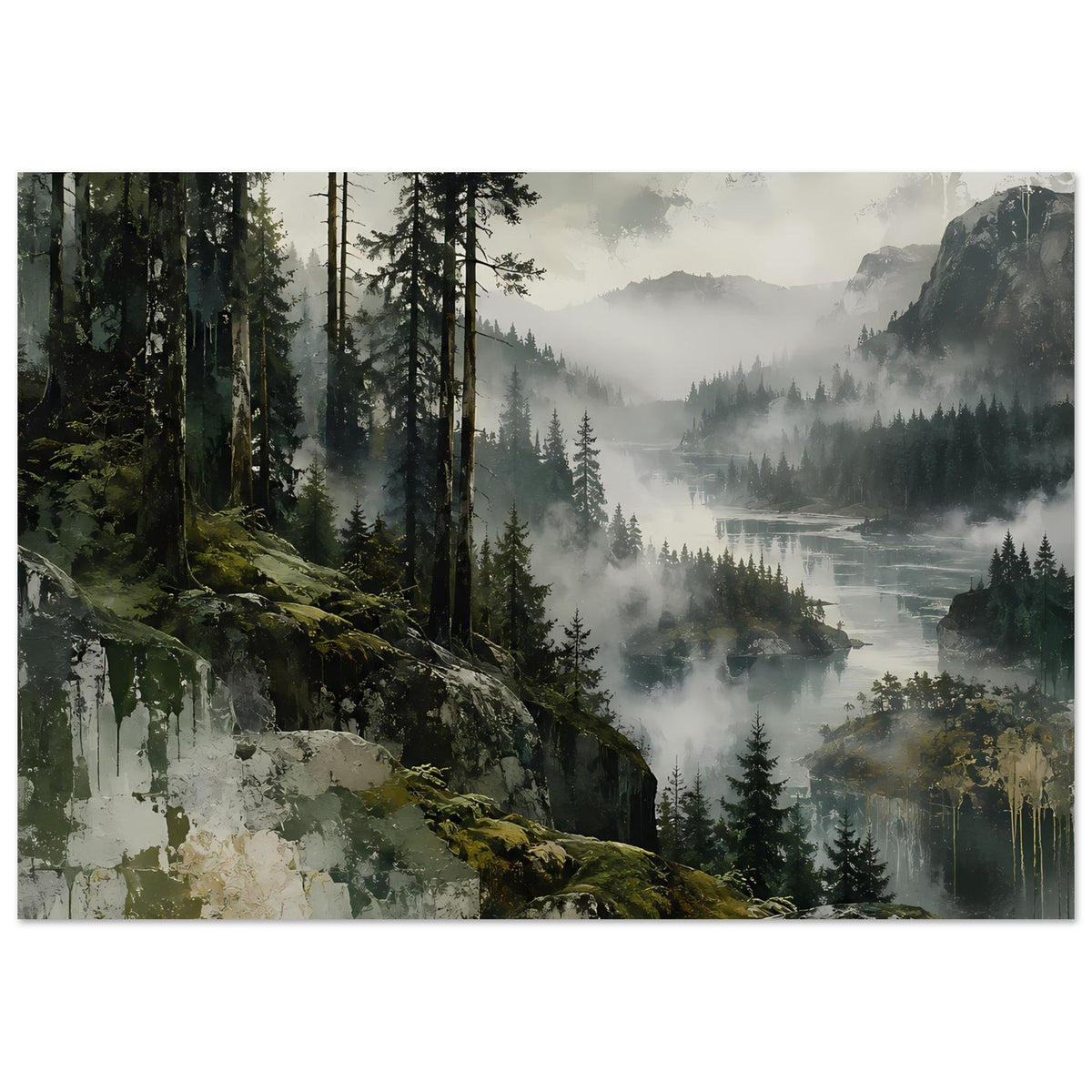 Querformat-Poster mit Waldlandschaft: Tannen, Nebel und Fluss im Hintergrund