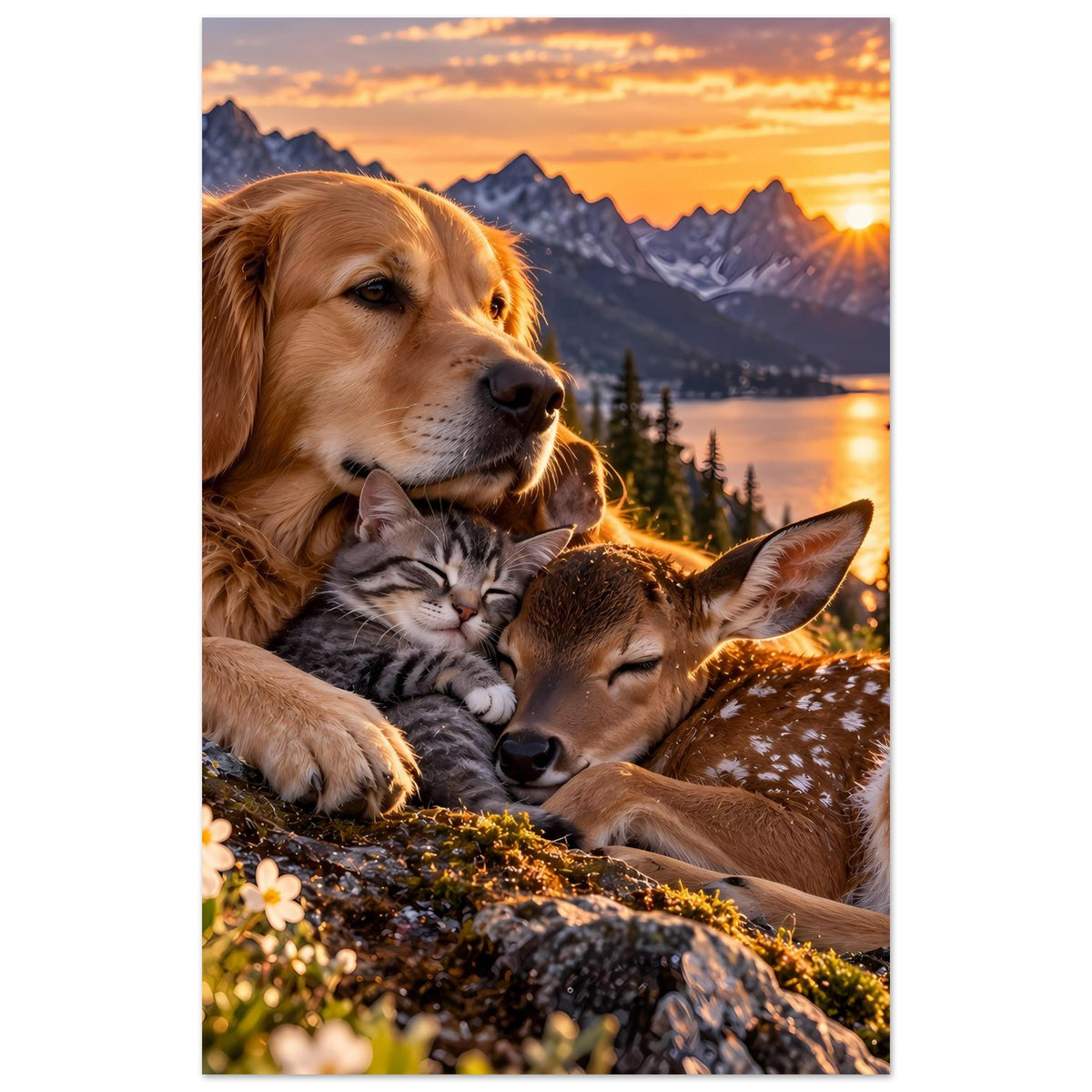 Poster (vertikal) mit goldenem Hund, Katze und Reh im warmen Sonnenuntergang