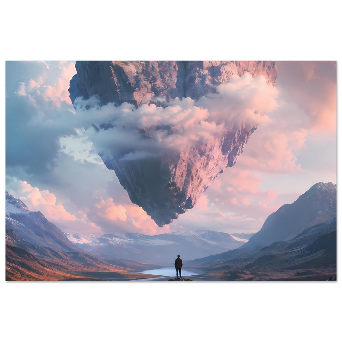 Poster: schwebendes Felsherz über Bergsee, Berge bei Sonnenuntergang