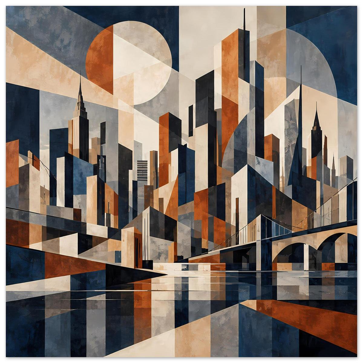 Poster mit abstrakter Stadtsilhouette und Brücke, Farben Marineblau, Rostrot und Beige