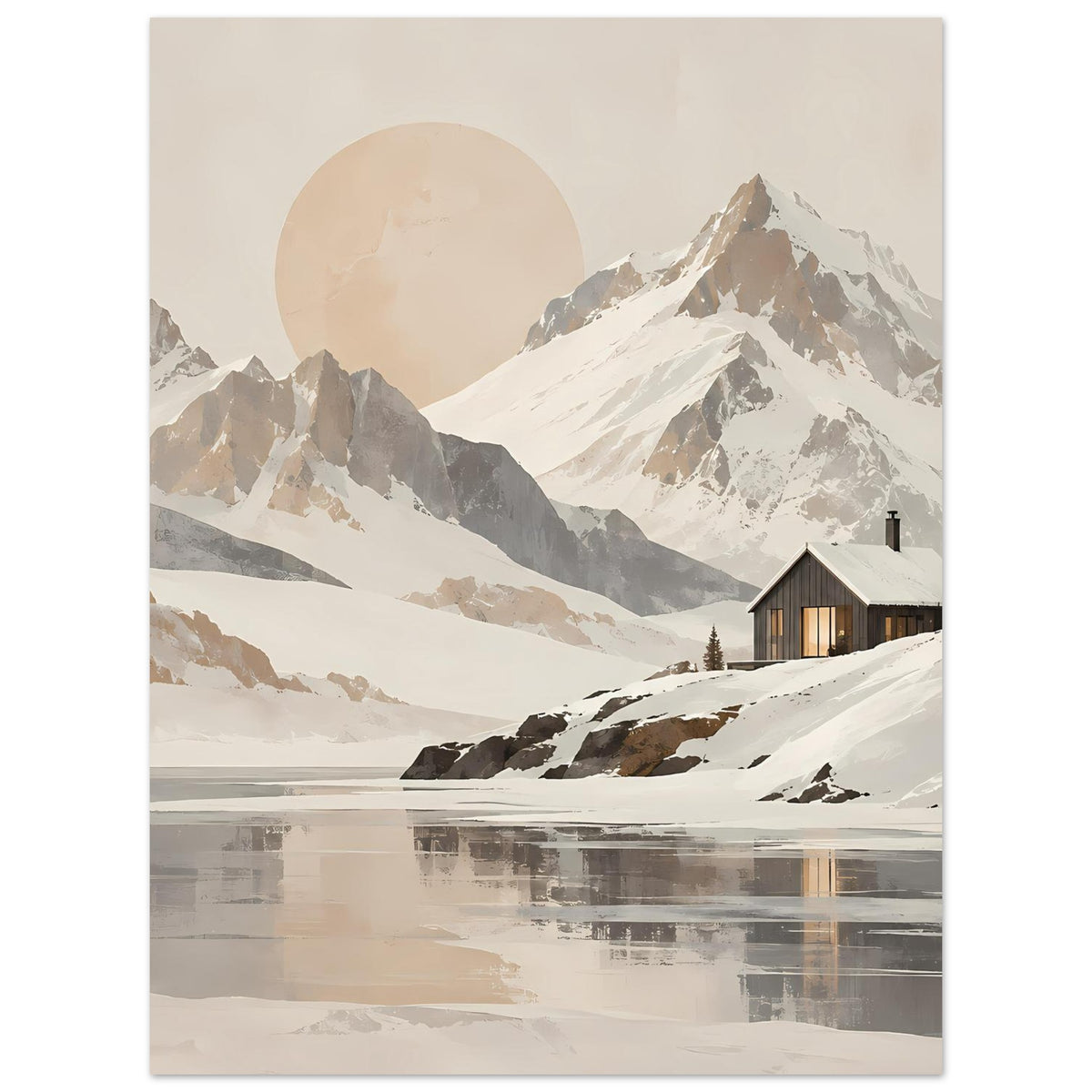 Vertikales Poster mit Berglandschaft, warmem Berglicht, See-Reflexionen und Hütte im Schnee