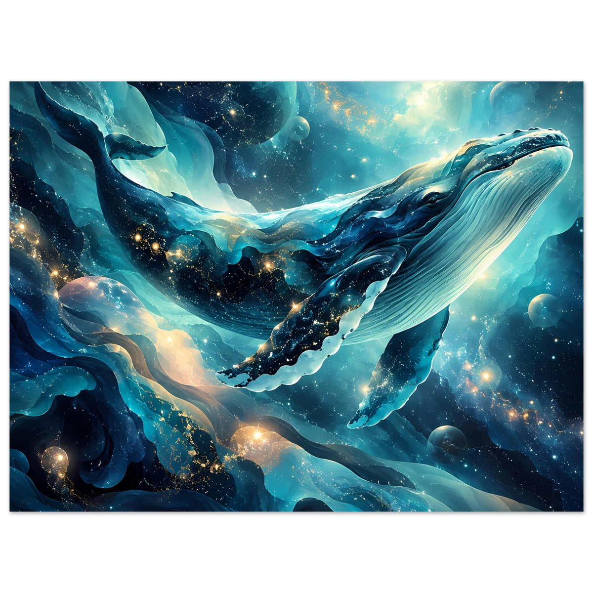 Horizontales Poster mit galaktischem Wal, blaue Wellen und goldene Sternenlichter