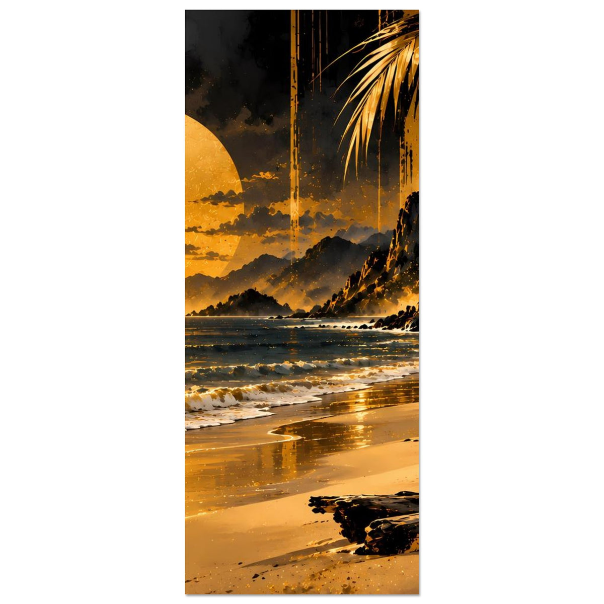 Vertikales Kunstposter mit Strandidylle bei Sonnenuntergang, Palme rechts und Dünen