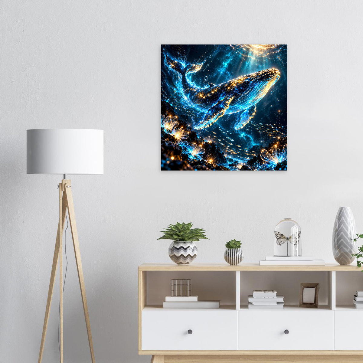 Poster mit Walmeer-Motiv: leuchtender Blau- und Goldwal im Sternenmeer