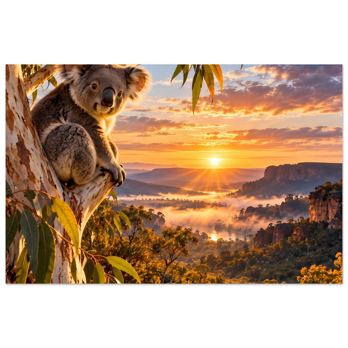 Koala-Fotomotiv-Poster im Querformat mit Sonnenaufgang über einer hügeligen Landschaft