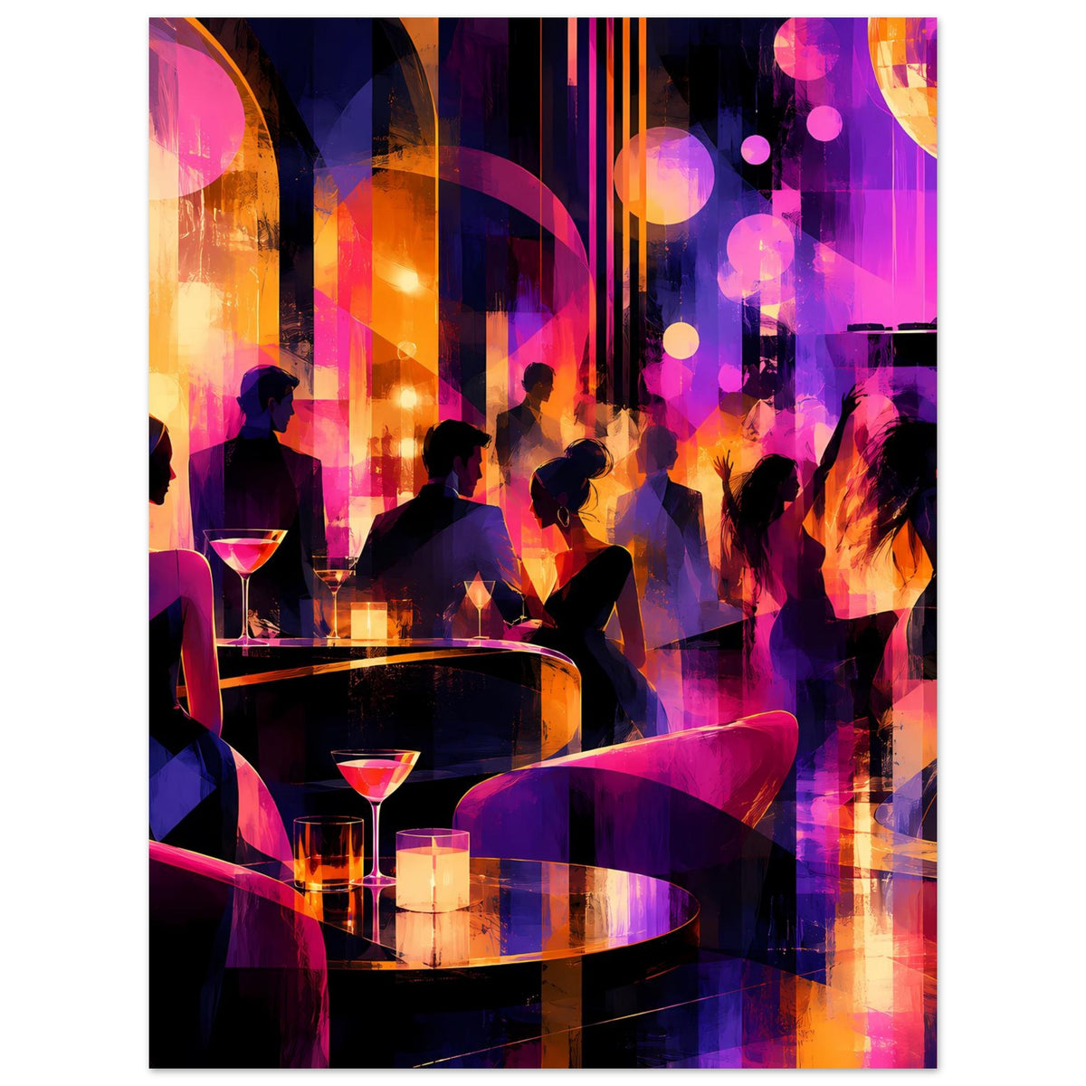 Nachtleben-Poster im Hochformat: Personen an der Bar, Martinigläser und bunte Lichtkreise