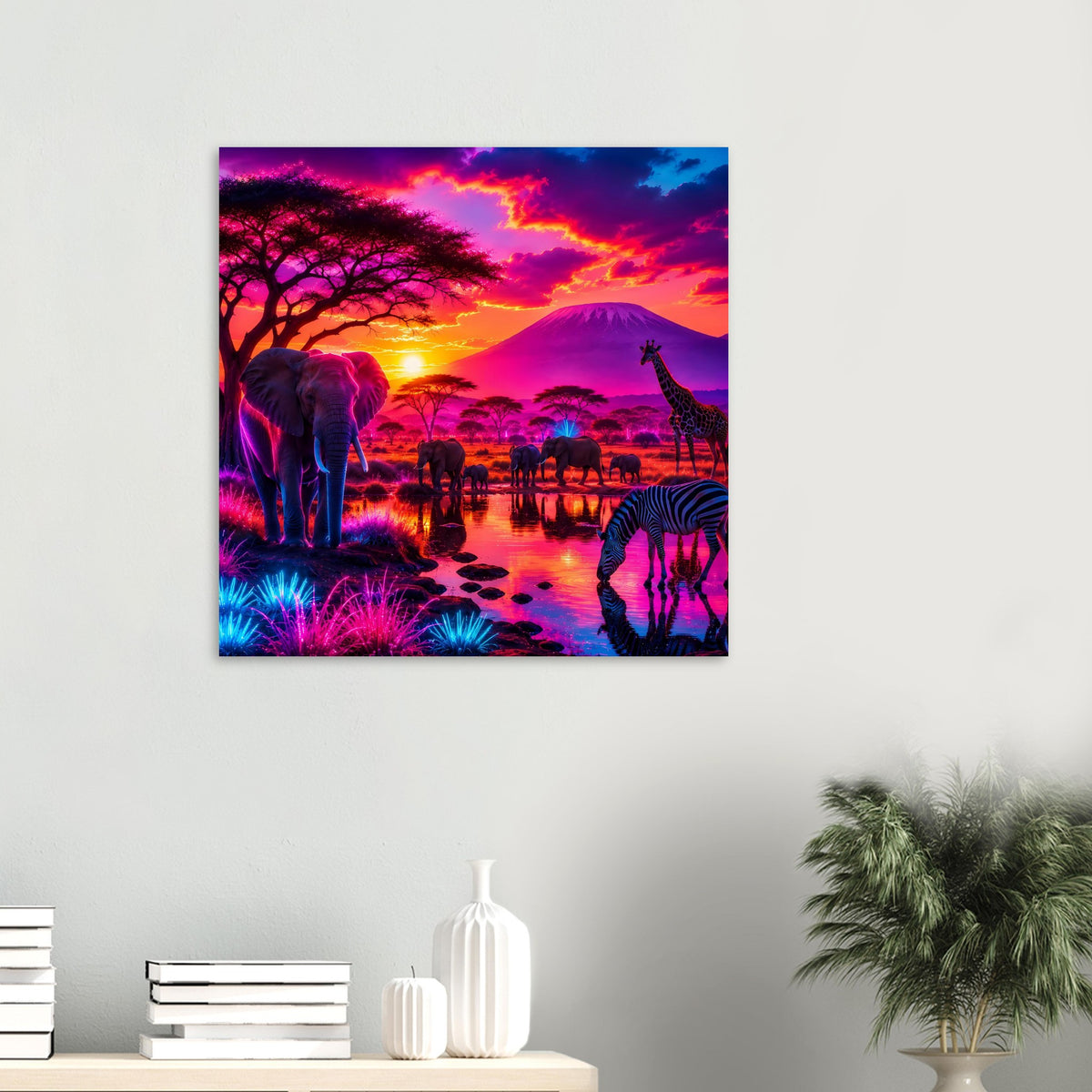 Quadratisches Poster mit Elefant und Zebra am Wasser im Sonnenuntergang