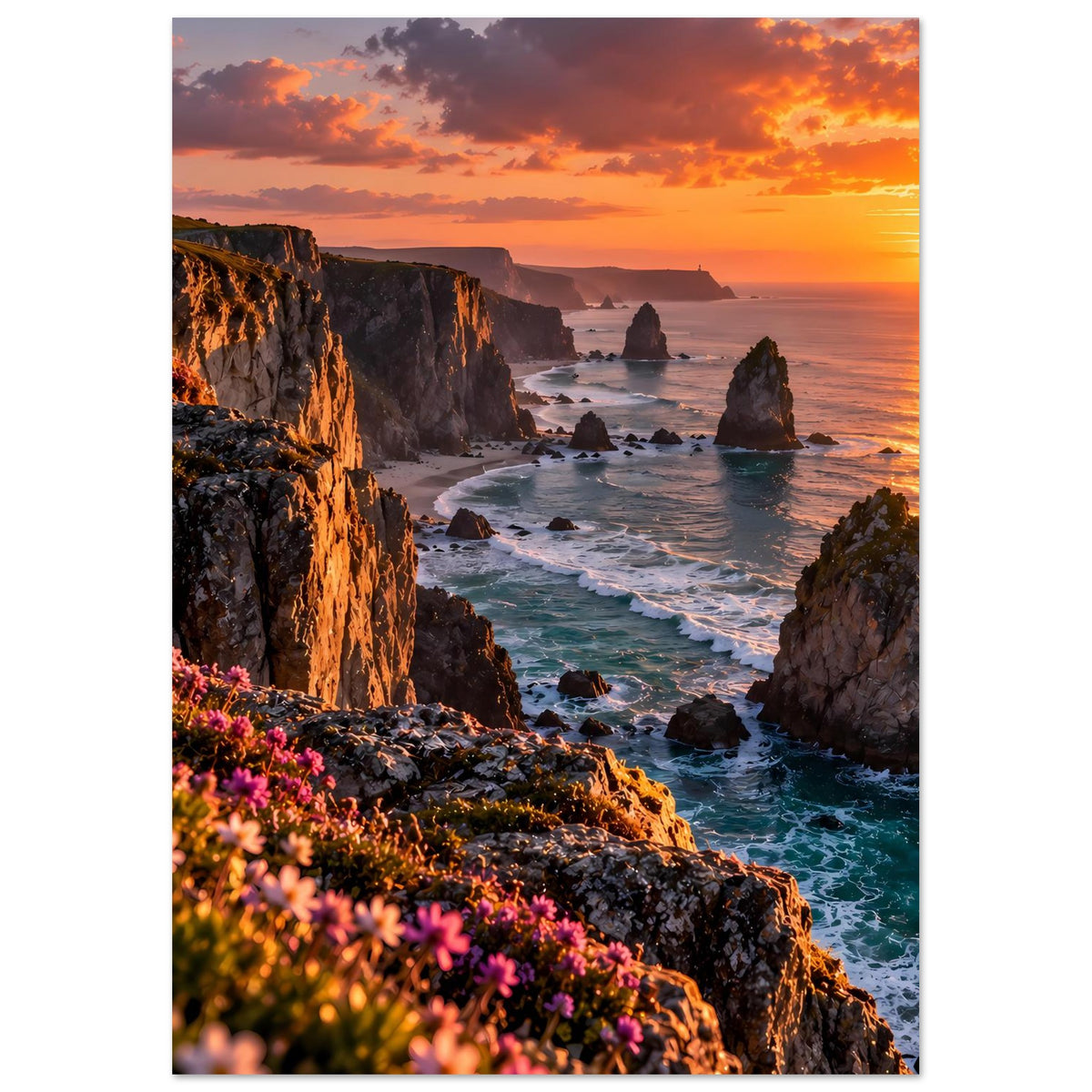 Hochformat-Poster mit Küstenklippen bei Sonnenuntergang, Sonnenlicht über dem Meer