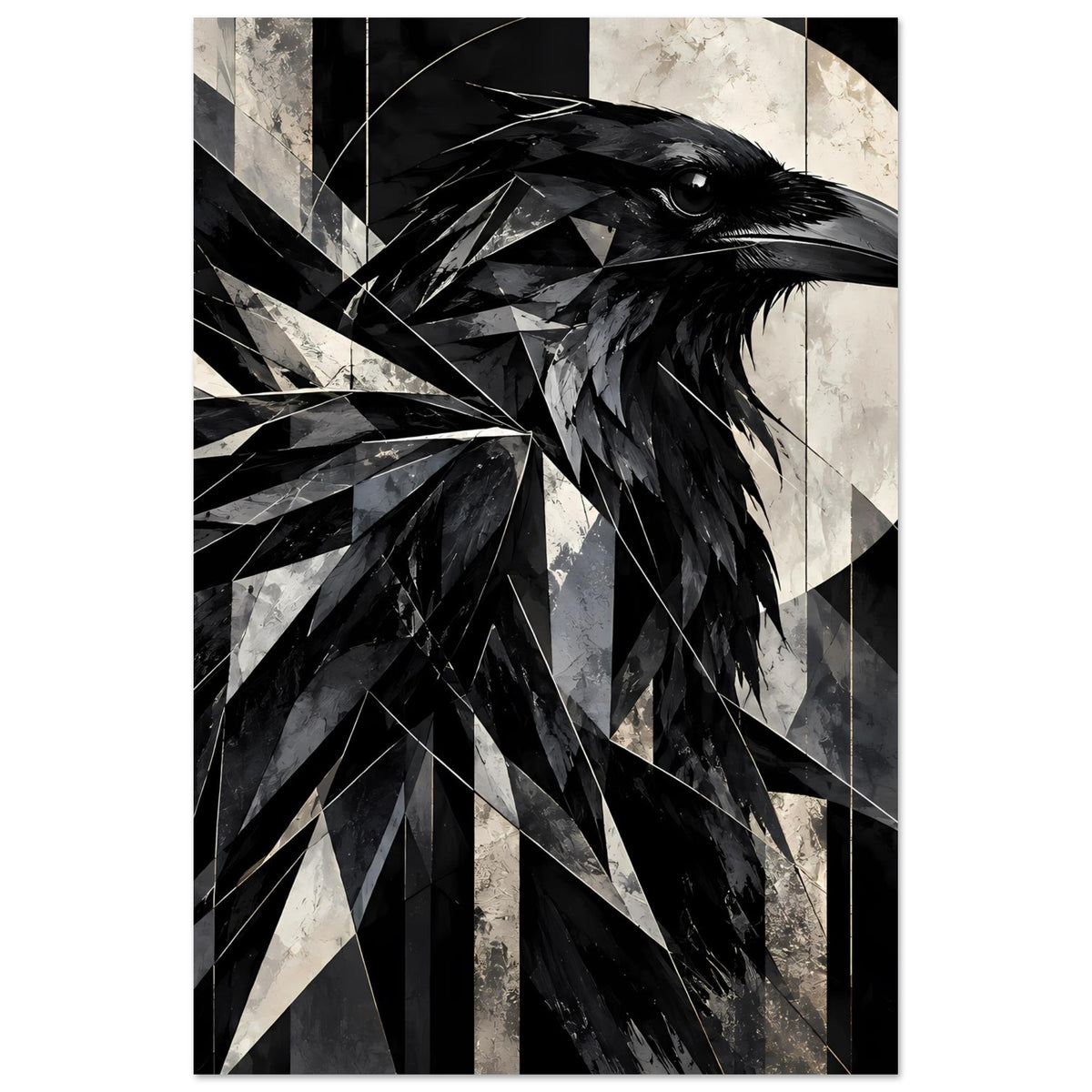 Kunstposter im Hochformat mit Rabenprofil und geometrischen Segmenten in Schwarz-Weiß