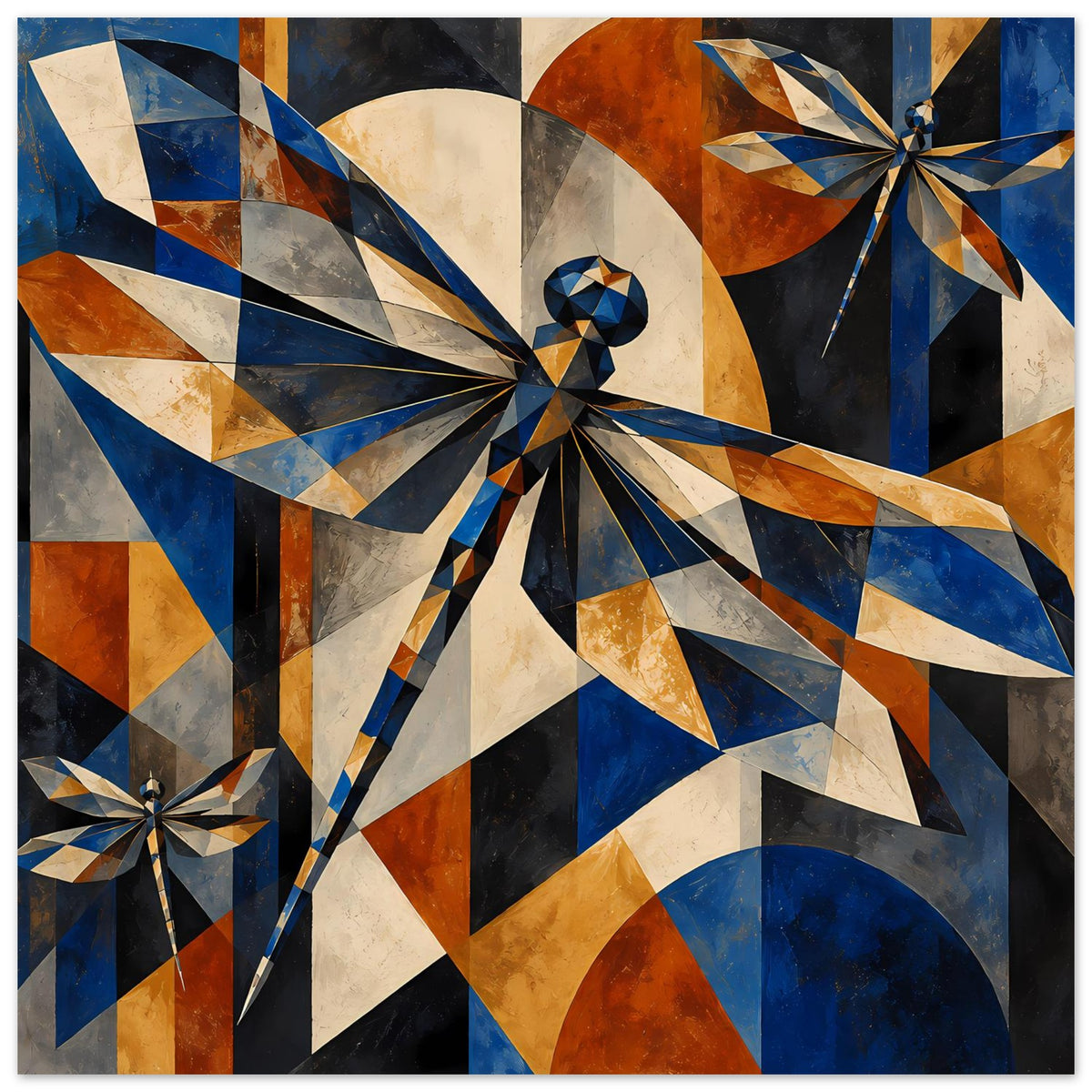 Kunstposter: geometrische Libellen mit Rauten und Segmenten in Blau, Kupfer und Beige