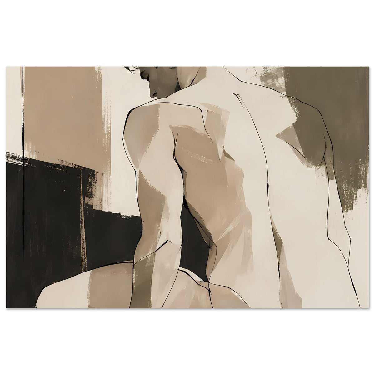 Kunstposter mit abstrakter männlicher Aktfigur von hinten, betonter Rücken, Sepia-Print, horizontal