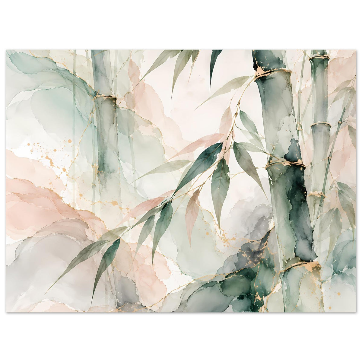 Naturposter im Querformat mit Aquarell-Bambus, grüne Blätter, pastellige Grün- und Beigetöne