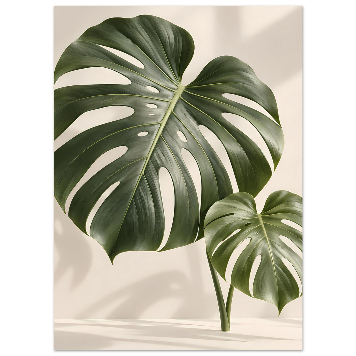 Poster mit Monstera-Blättern, großes Blatt links und kleines Blatt rechts, grün mit weißen Akzenten
