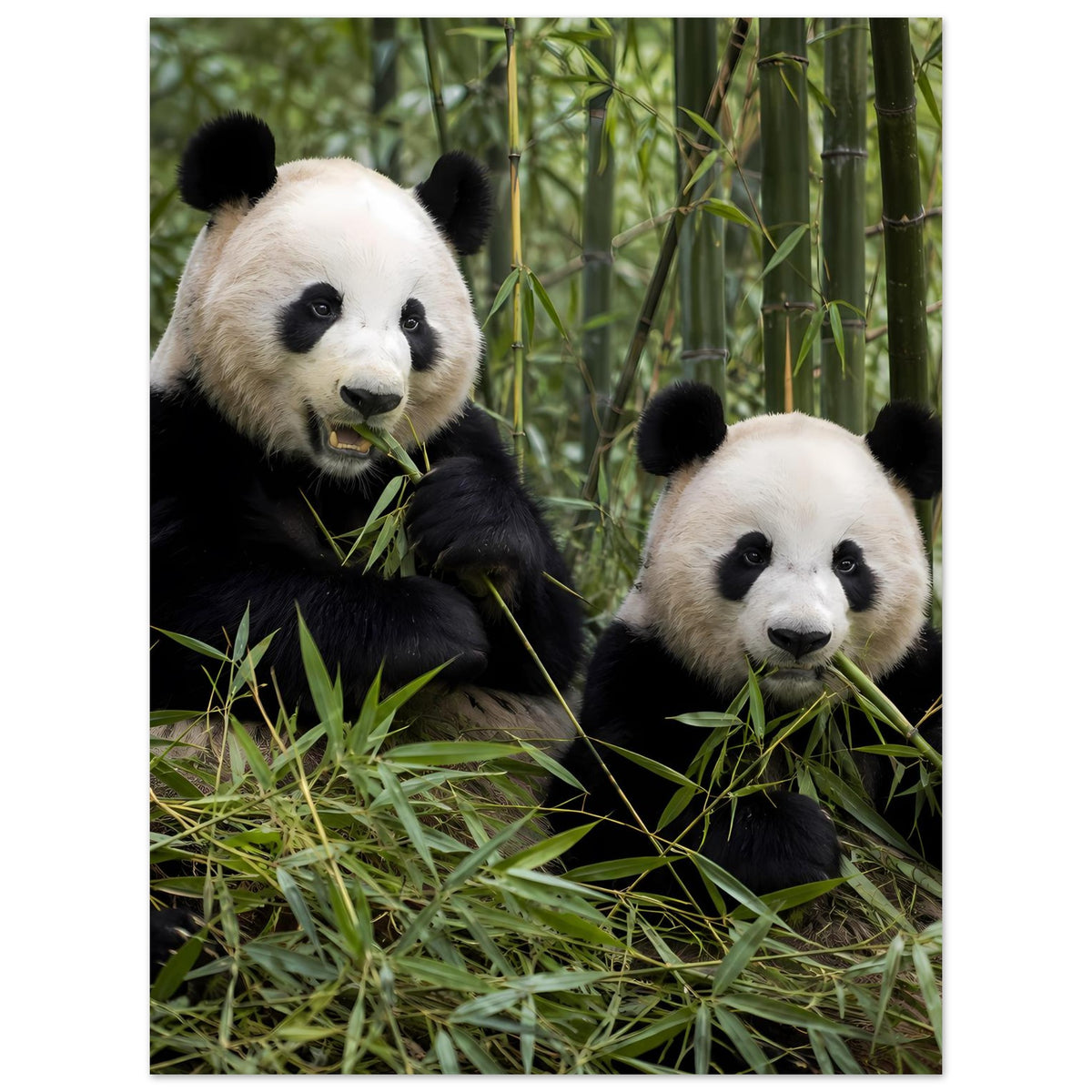 Poster im Hochformat mit zwei Pandas vor Bambus, weiße Köpfe und schwarzes Fell